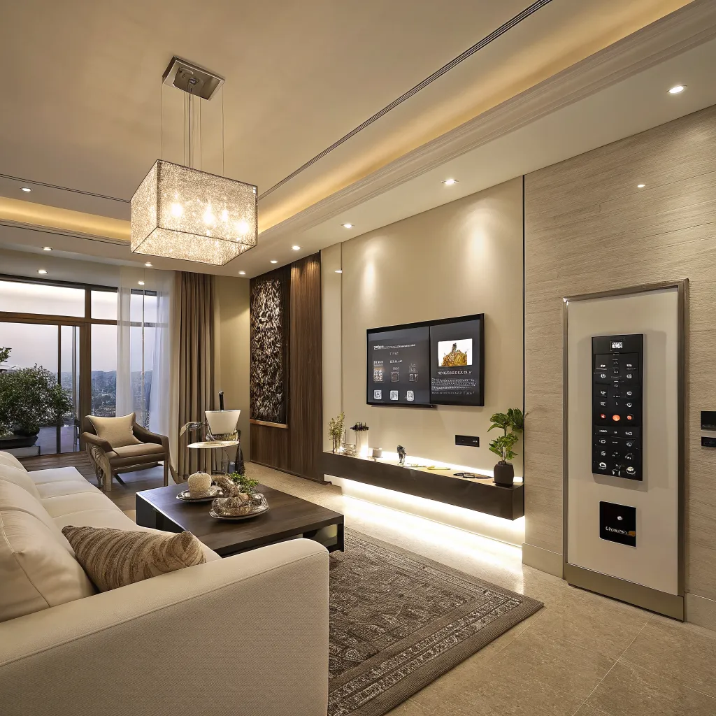 Elegant smart home living room with automated lighting and control panel